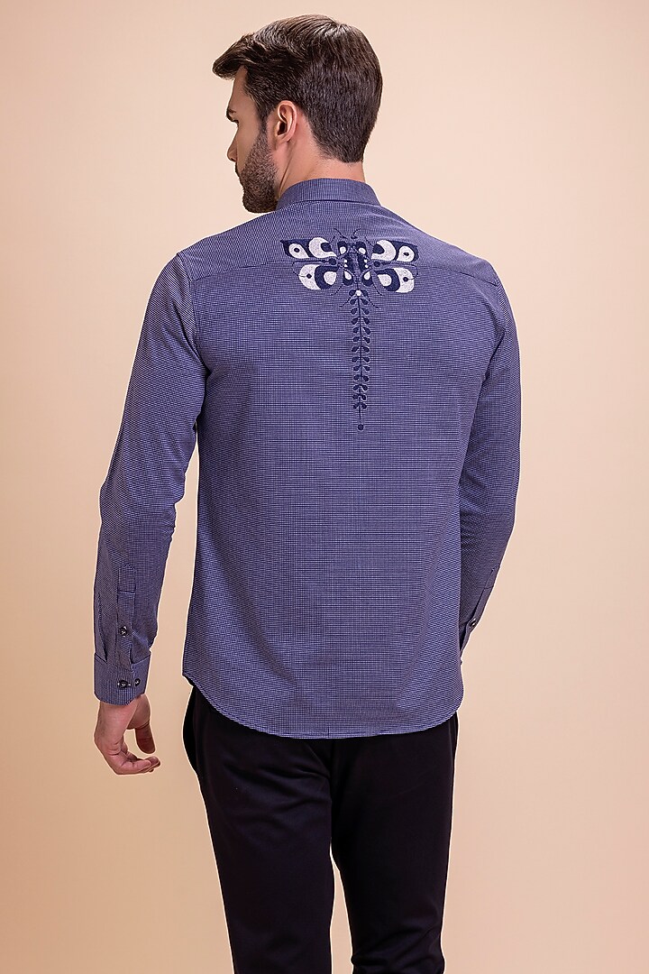 Deep Blue Knit Butterfly Motif Embroidered Party Wear Shirt by AMIT ARORA at Pernia's Pop Up Shop