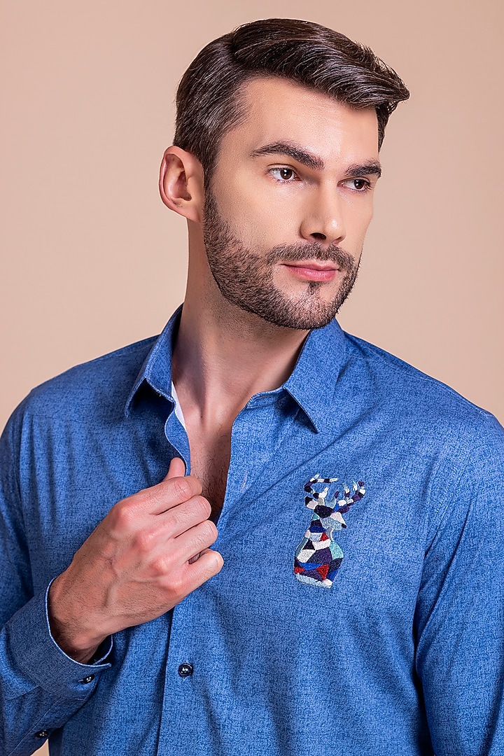 Blue Knit Reindeer Motif Embroidered Party Wear Shirt by AMIT ARORA at Pernia's Pop Up Shop