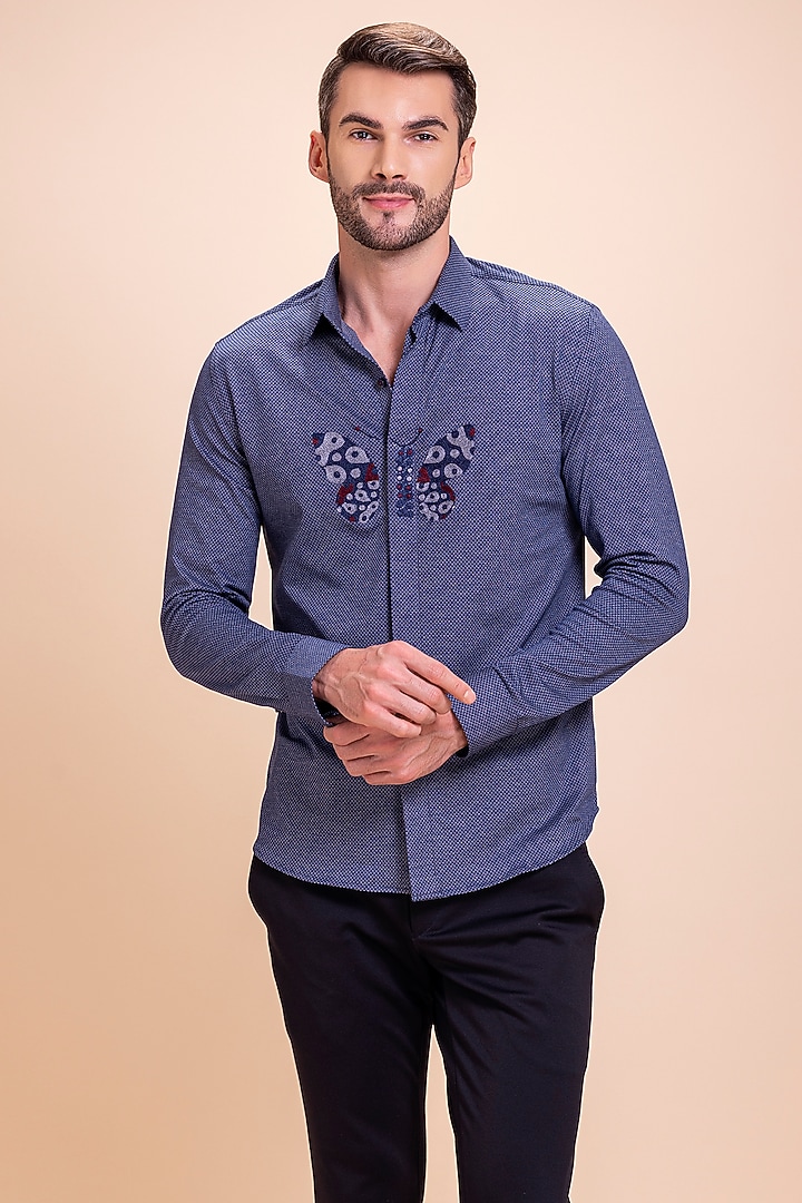 Deep Blue Knit Butterfly Motif Embroidered Party Wear Shirt by AMIT ARORA at Pernia's Pop Up Shop