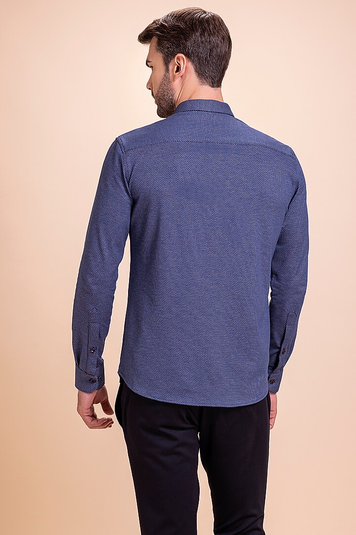 Deep Blue Knit Butterfly Motif Embroidered Party Wear Shirt by AMIT ARORA at Pernia's Pop Up Shop