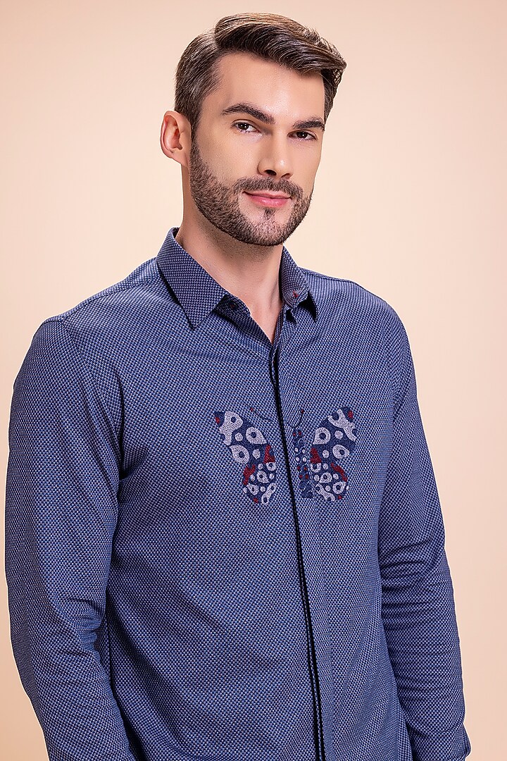 Deep Blue Knit Butterfly Motif Embroidered Party Wear Shirt by AMIT ARORA at Pernia's Pop Up Shop