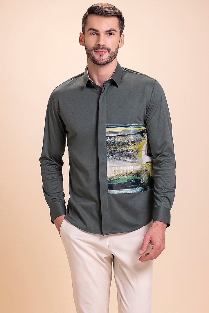 Olive Green Knit Canvas Shirt by AMIT ARORA