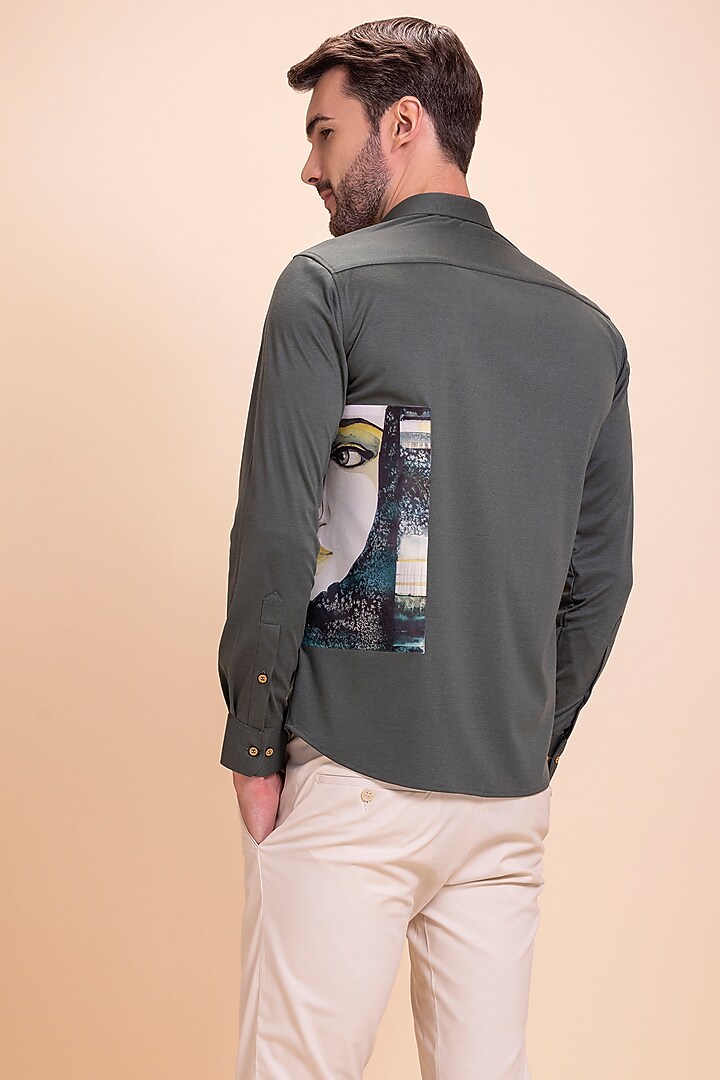 Olive Green Knit Canvas Party Wear Shirt by AMIT ARORA at Pernia's Pop Up Shop