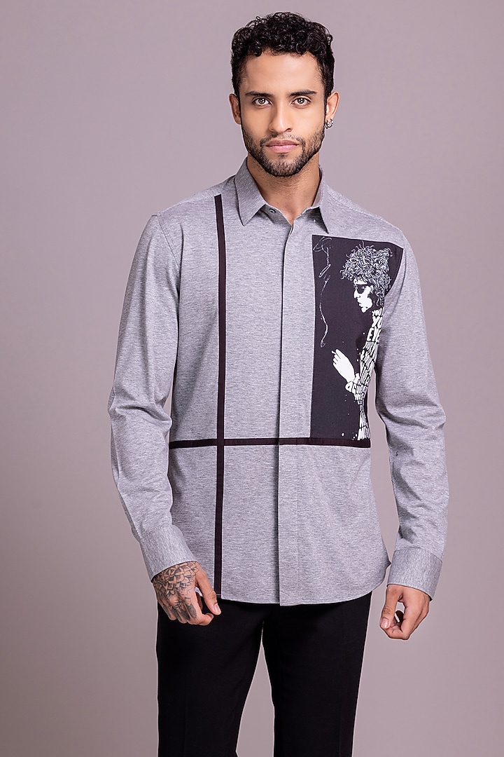 Light Grey Knit Canvas Party Wear Shirt by AMIT ARORA at Pernia's Pop Up Shop