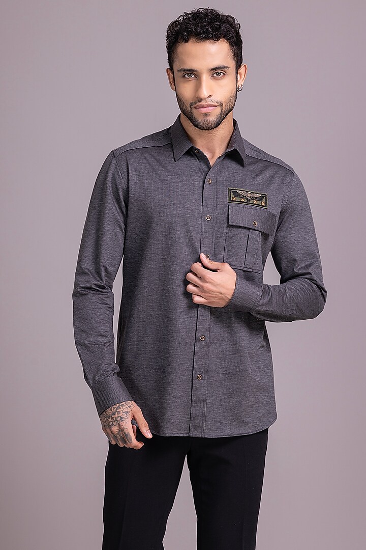 Dark Grey Knit Party Wear Shirt by AMIT ARORA at Pernia's Pop Up Shop