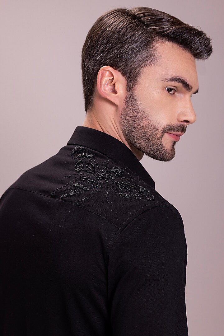 Black Knit Bee Motif Hand Embroidered Party Wear Shirt by AMIT ARORA at Pernia's Pop Up Shop