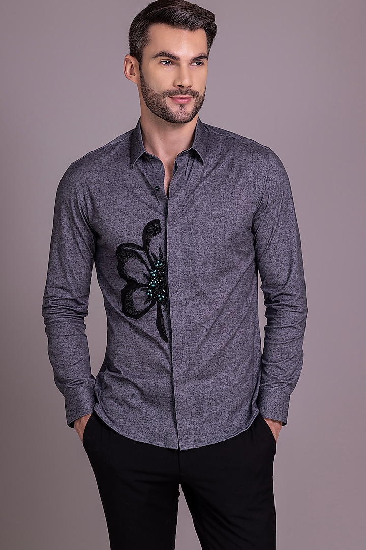 Dark Grey Knit Floral Motif Hand Embroidered Shirt by AMIT ARORA