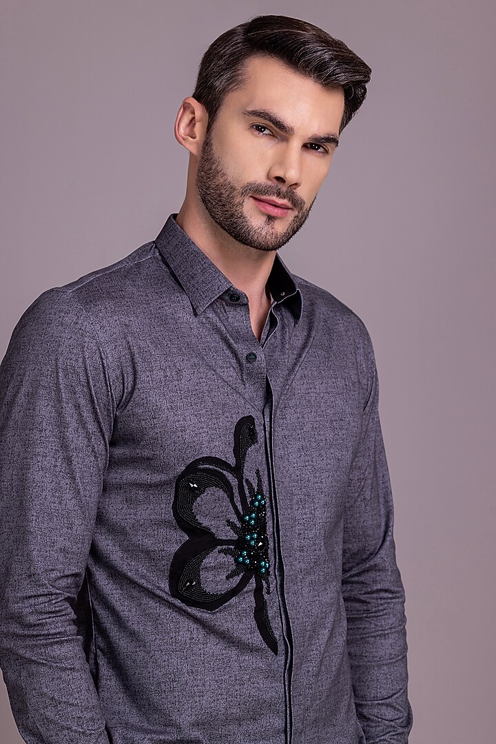 Dark Grey Knit Floral Motif Hand Embroidered Party Wear Shirt by AMIT ARORA at Pernia's Pop Up Shop
