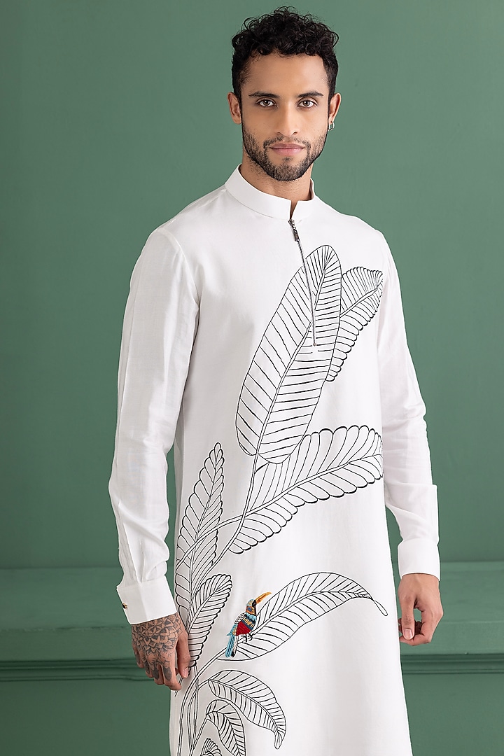 Ivory Moonga Silk Embroidered Kurta Set by AMIT ARORA at Pernia's Pop Up Shop