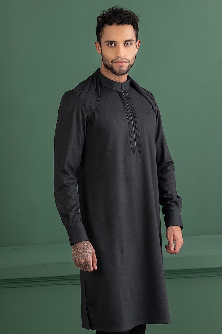 Dark Grey Knit Embroidered Pleated Kurta by AMIT ARORA at Pernia's Pop Up Shop