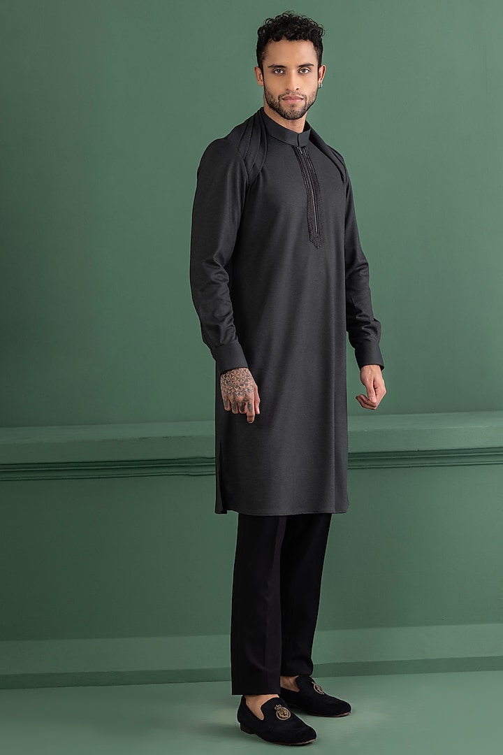 Dark Grey Knit Embroidered Pleated Kurta by AMIT ARORA at Pernia's Pop Up Shop