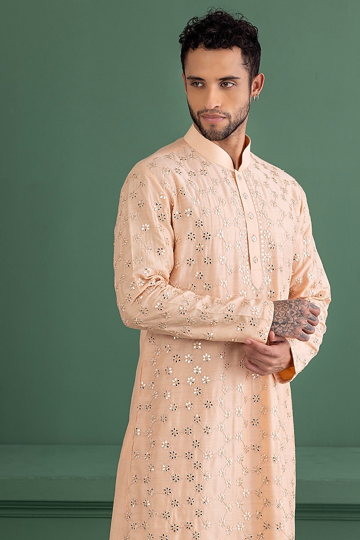 Peach Silk Chanderi Mirror Work Kurta Set by AMIT ARORA at Pernia's Pop Up Shop