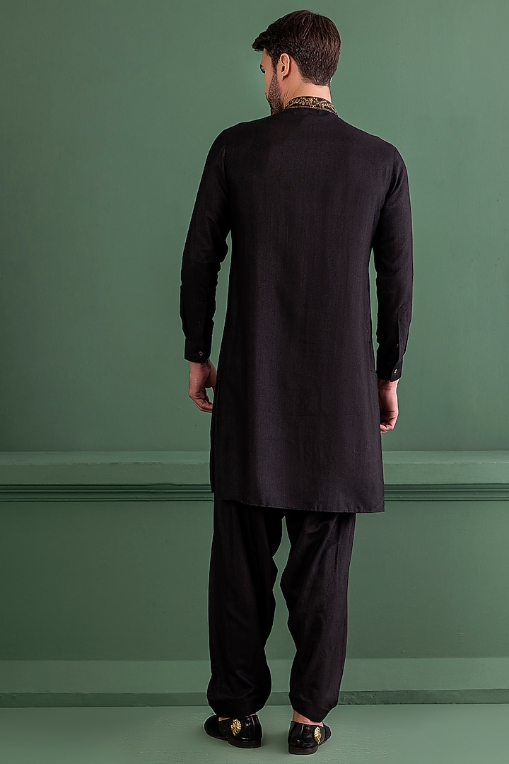 Black Moonga Silk Hand Embroidered Kurta Set by AMIT ARORA at Pernia's Pop Up Shop