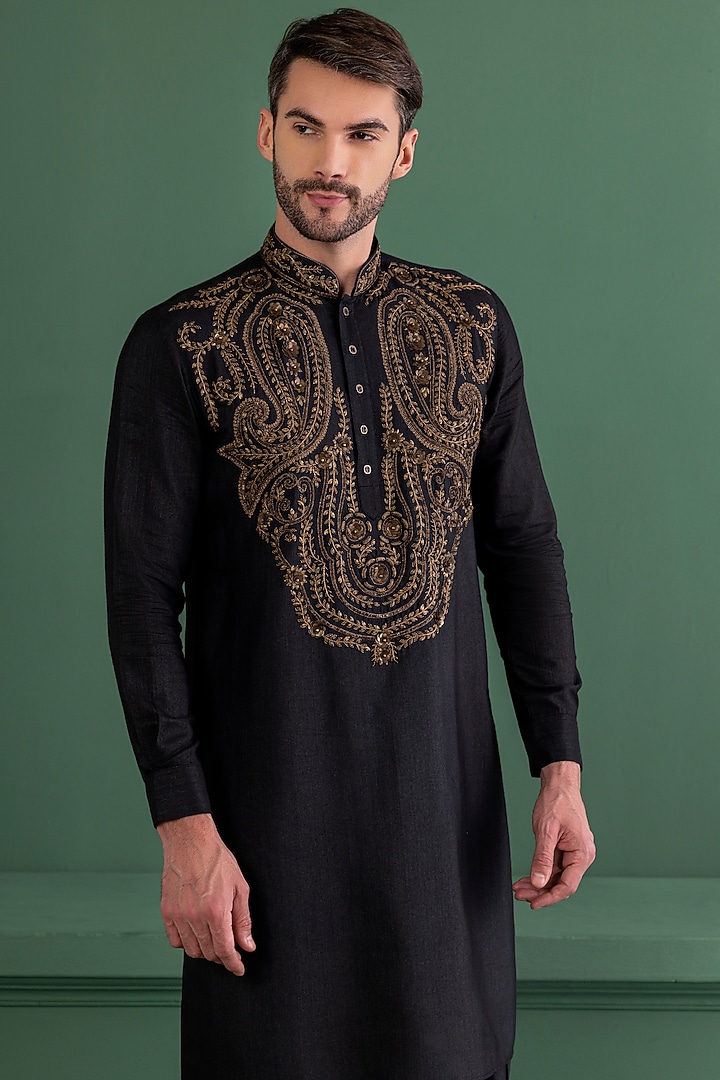 Black Moonga Silk Hand Embroidered Kurta Set by AMIT ARORA at Pernia's Pop Up Shop