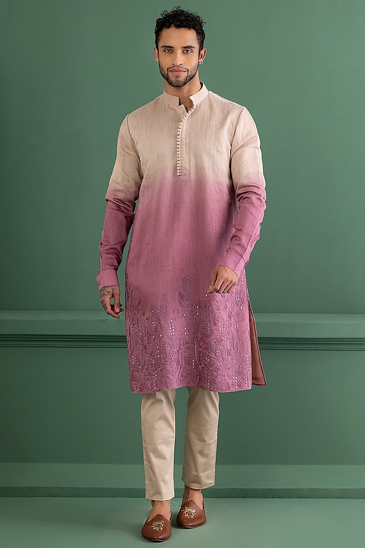 Mauve Shaded Chanderi Silk Embroidered Kurta Set by AMIT ARORA