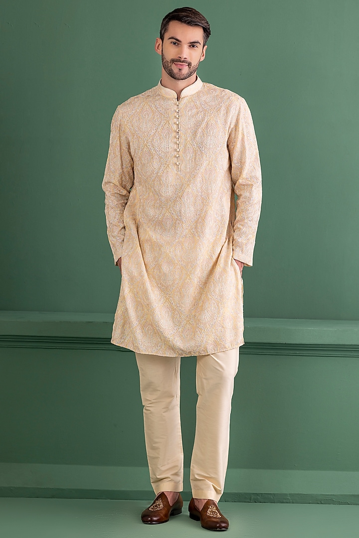 Yellow Silk Embroidered Kurta Set by AMIT ARORA