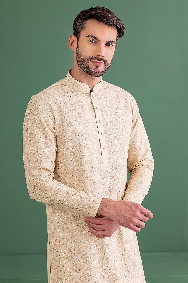 Cream Silk Chanderi Patch Work Kurta Set by AMIT ARORA at Pernia's Pop Up Shop