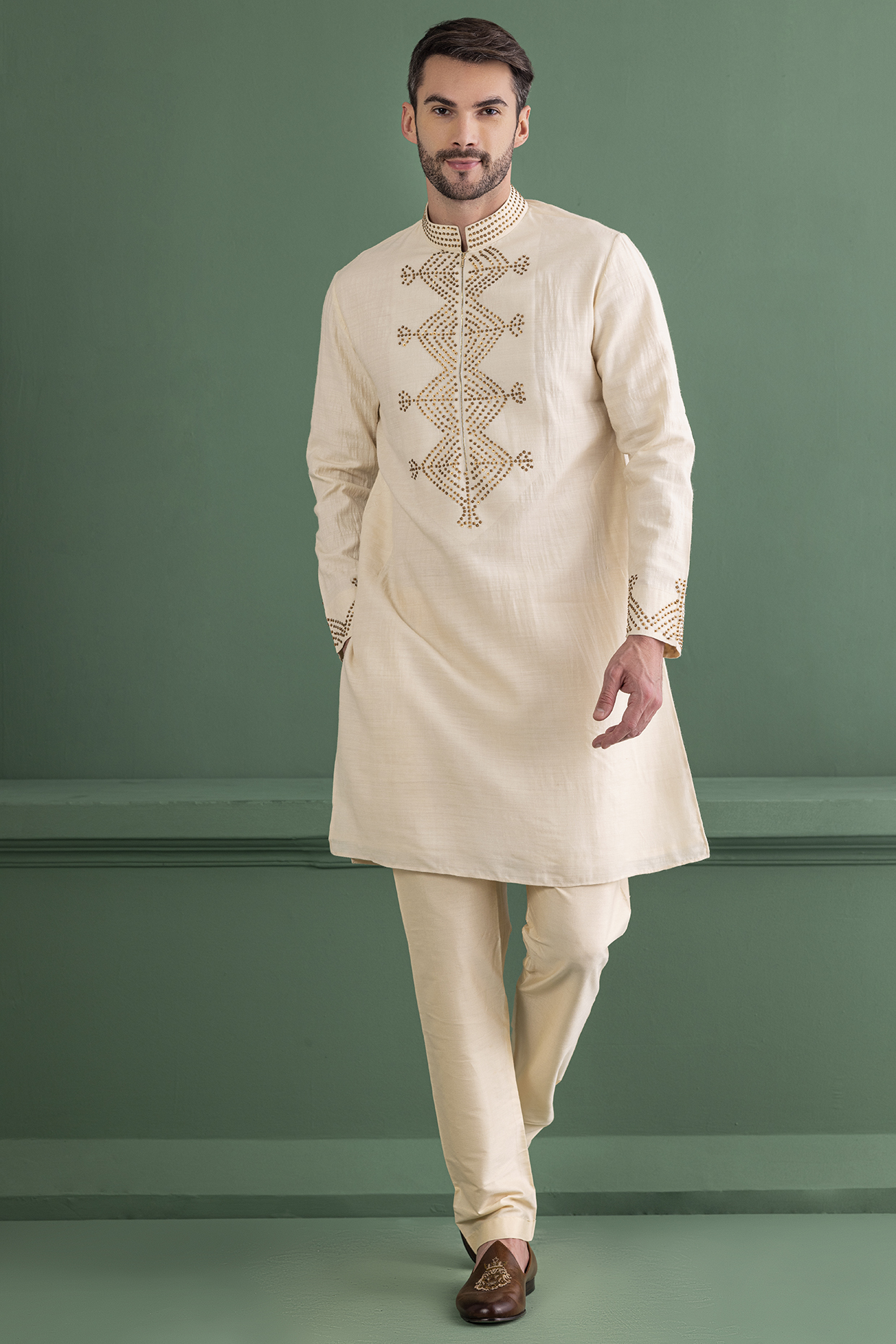 Cream Silk Chanderi Metal Work Kurta Set by AMIT ARORA