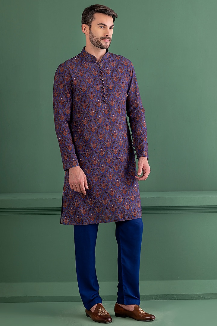 Dark Blue Silk Embroidered Kurta Set by AMIT ARORA