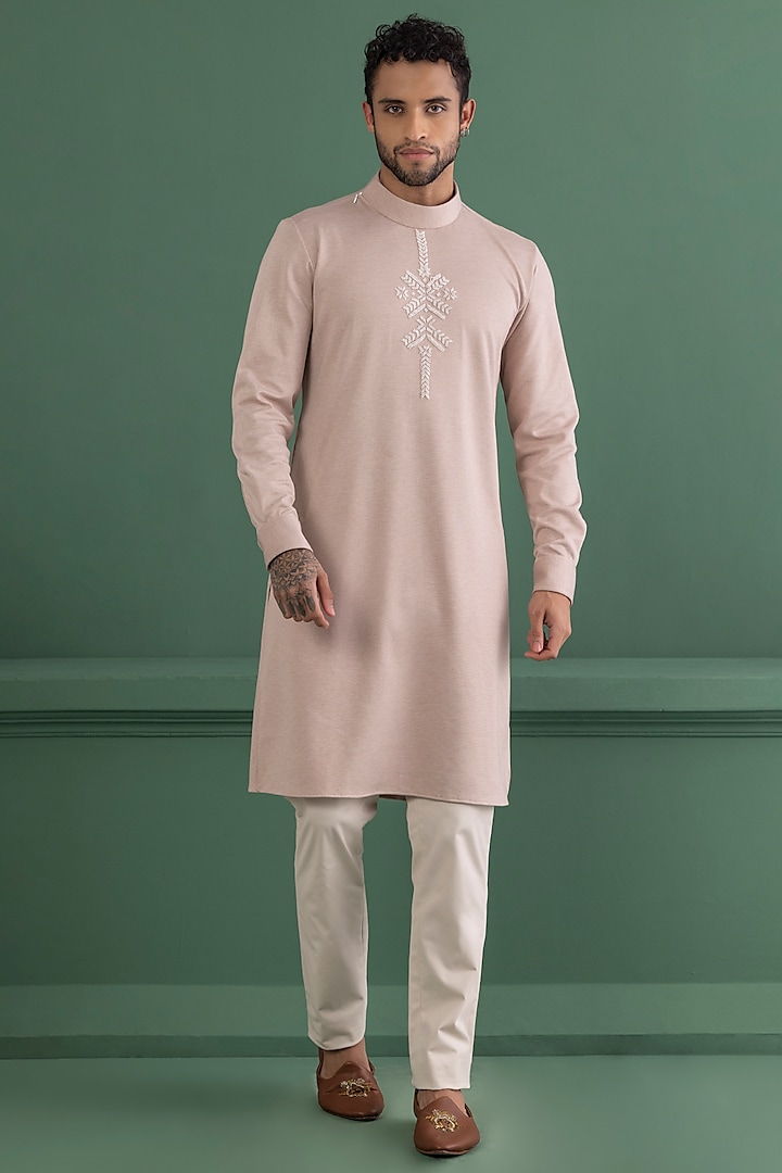 Baby Pink Knit Motif Embroidered Kurta by AMIT ARORA at Pernia's Pop Up Shop