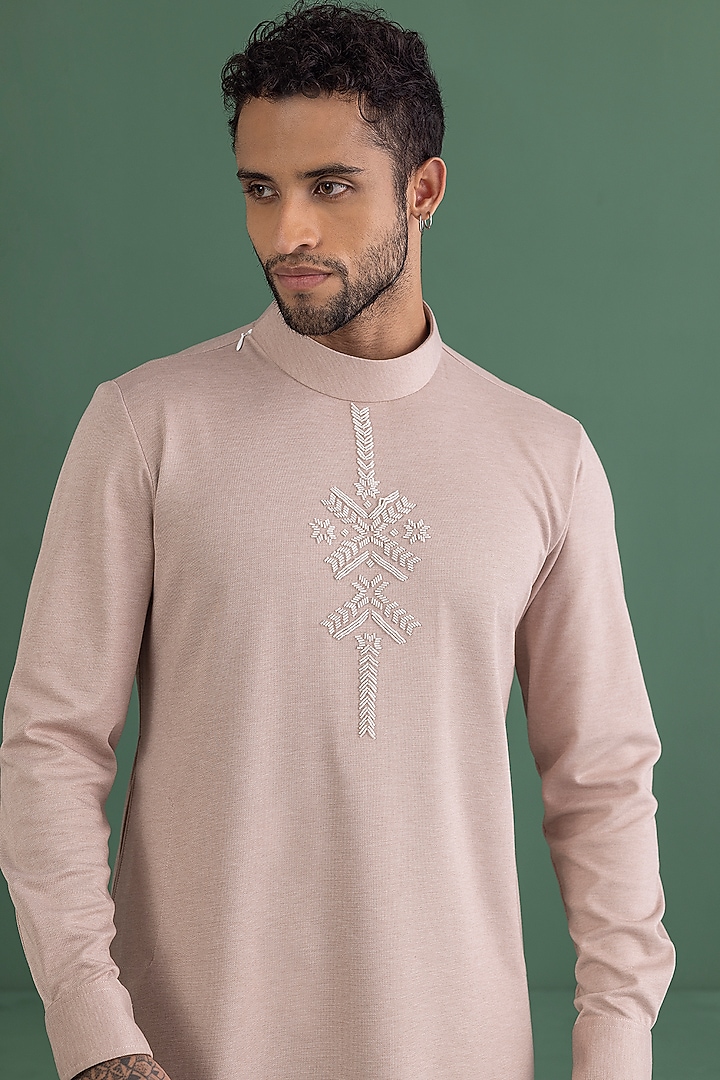 Baby Pink Knit Motif Embroidered Kurta by AMIT ARORA at Pernia's Pop Up Shop