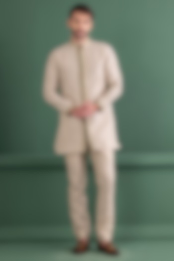 Fawn Silk Jacquard Embroidered Kurta Set by AMIT ARORA at Pernia's Pop Up Shop