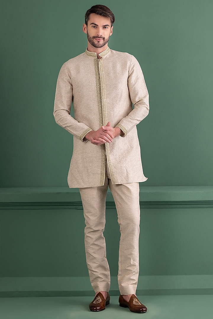 Fawn Silk Jacquard Embroidered Kurta Set by AMIT ARORA at Pernia's Pop Up Shop