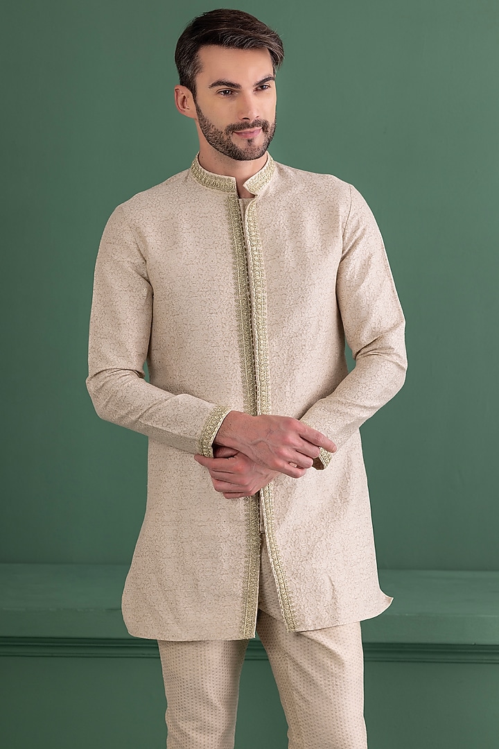 Fawn Silk Jacquard Embroidered Kurta Set by AMIT ARORA at Pernia's Pop Up Shop
