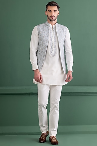 Sky Blue Silk Floral Embroidered Bundi Jacket Set by AMIT ARORA