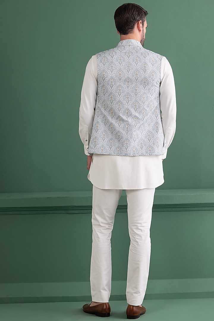 Sky Blue Silk Floral Embroidered Bundi Jacket Set by AMIT ARORA at Pernia's Pop Up Shop