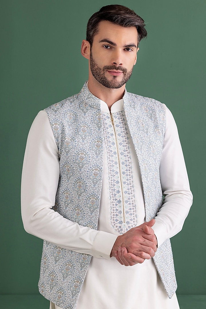 Sky Blue Silk Floral Embroidered Bundi Jacket Set by AMIT ARORA at Pernia's Pop Up Shop