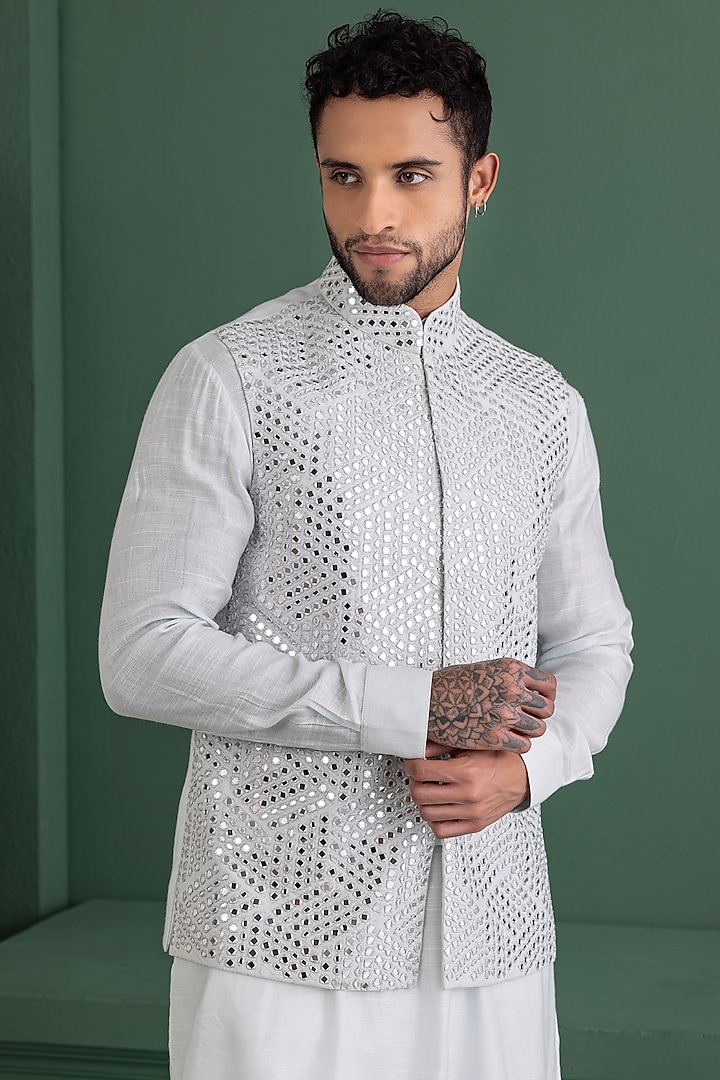 Teal Linen Silk Mirror Work Bundi Jacket Set by AMIT ARORA at Pernia's Pop Up Shop