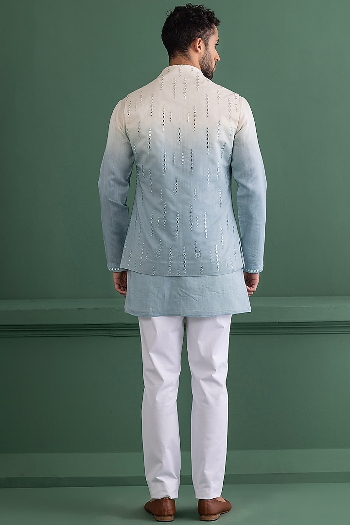 Sky Blue Chanderi Silk Mirror Work Wedding Indowestern Set by AMIT ARORA at Pernia's Pop Up Shop