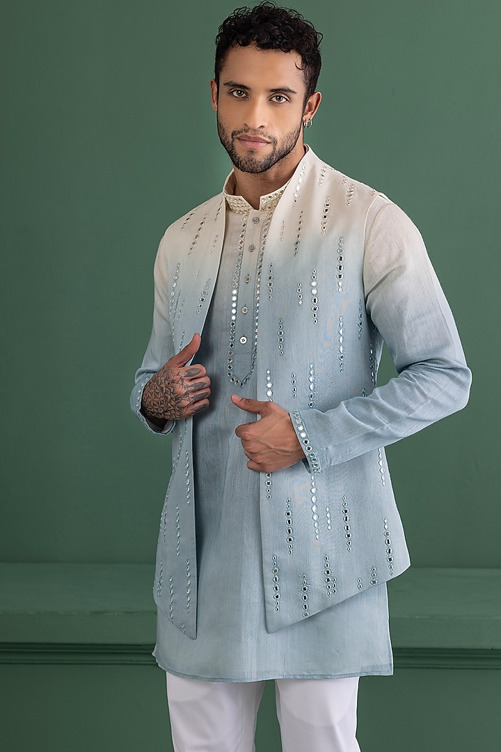 Sky Blue Chanderi Silk Mirror Work Wedding Indowestern Set by AMIT ARORA at Pernia's Pop Up Shop