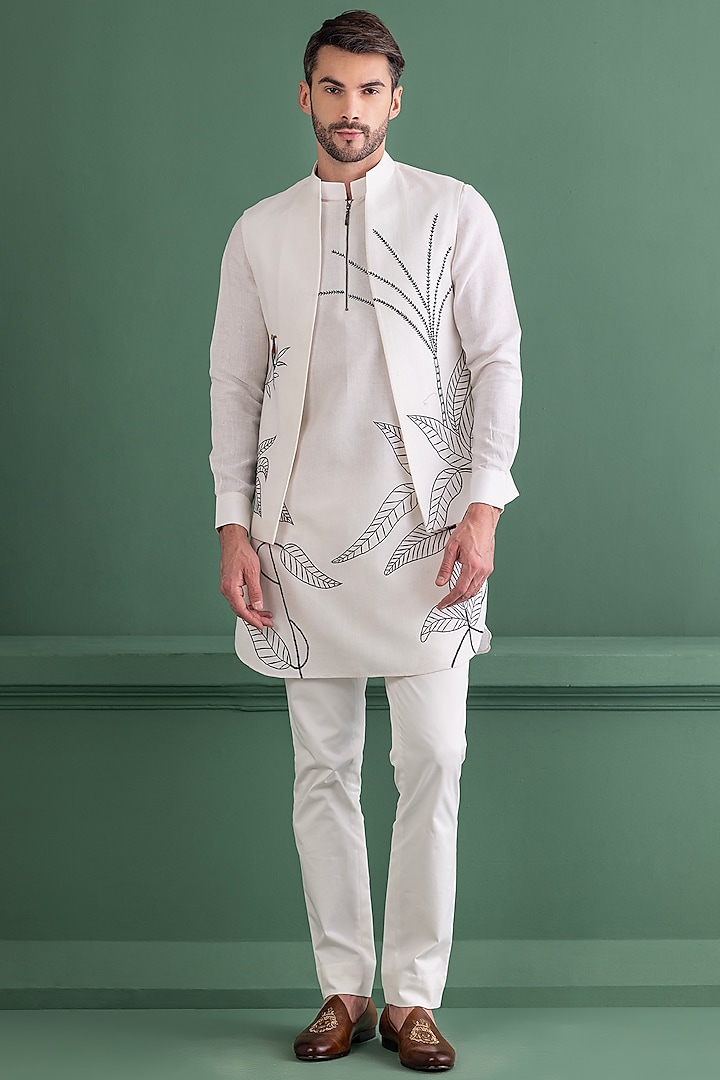 Ivory Matka Silk Embroidered Bundi Jacket Set by AMIT ARORA