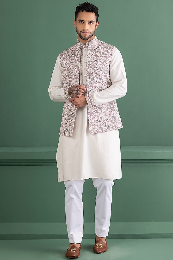 Purple Silk Floral Embroidered Bundi Jacket Set by AMIT ARORA