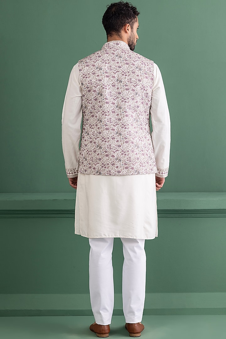 Purple Silk Floral Embroidered Bundi Jacket Set by AMIT ARORA at Pernia's Pop Up Shop