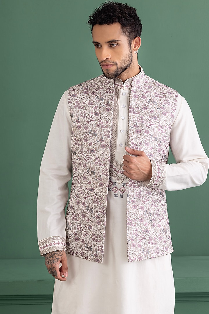 Purple Silk Floral Embroidered Bundi Jacket Set by AMIT ARORA at Pernia's Pop Up Shop
