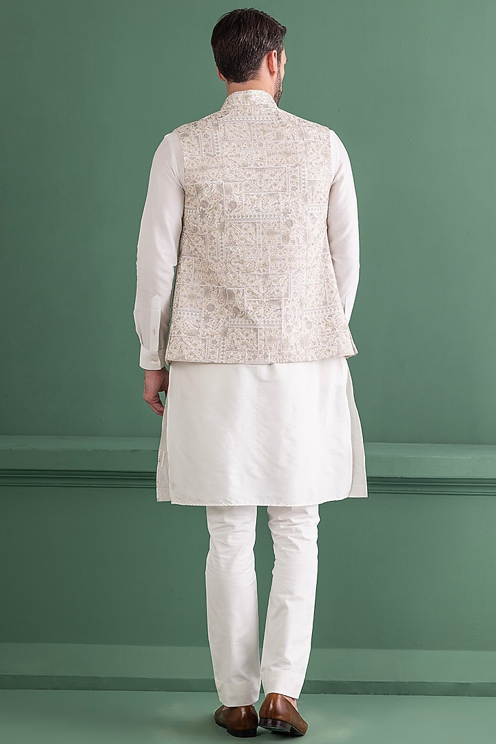 Light Olive Silk Embroidered Bundi Wedding Indowestern Set by AMIT ARORA at Pernia's Pop Up Shop