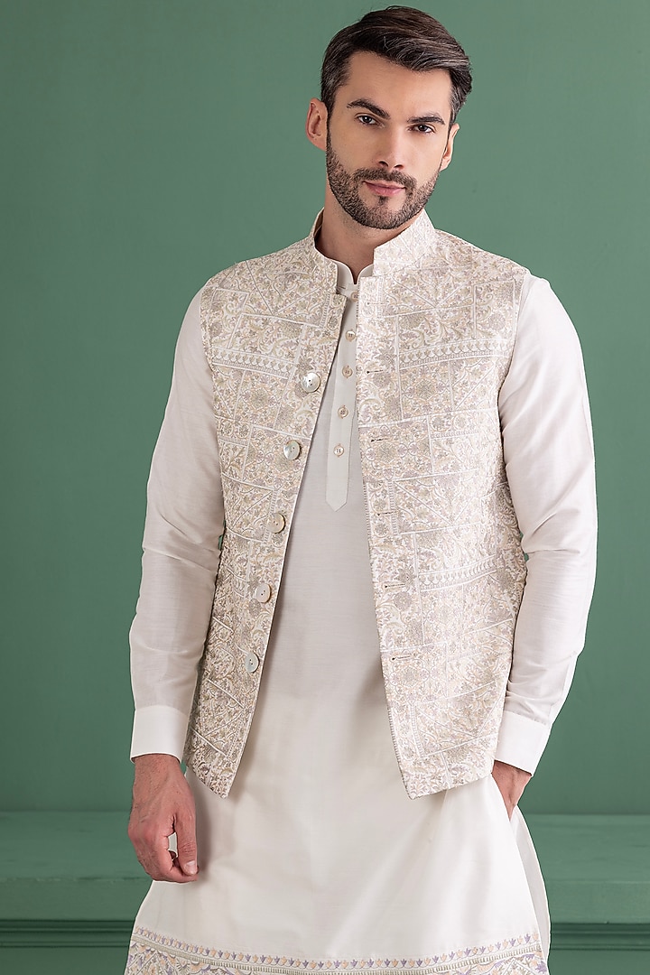 Light Olive Silk Embroidered Bundi Wedding Indowestern Set by AMIT ARORA at Pernia's Pop Up Shop