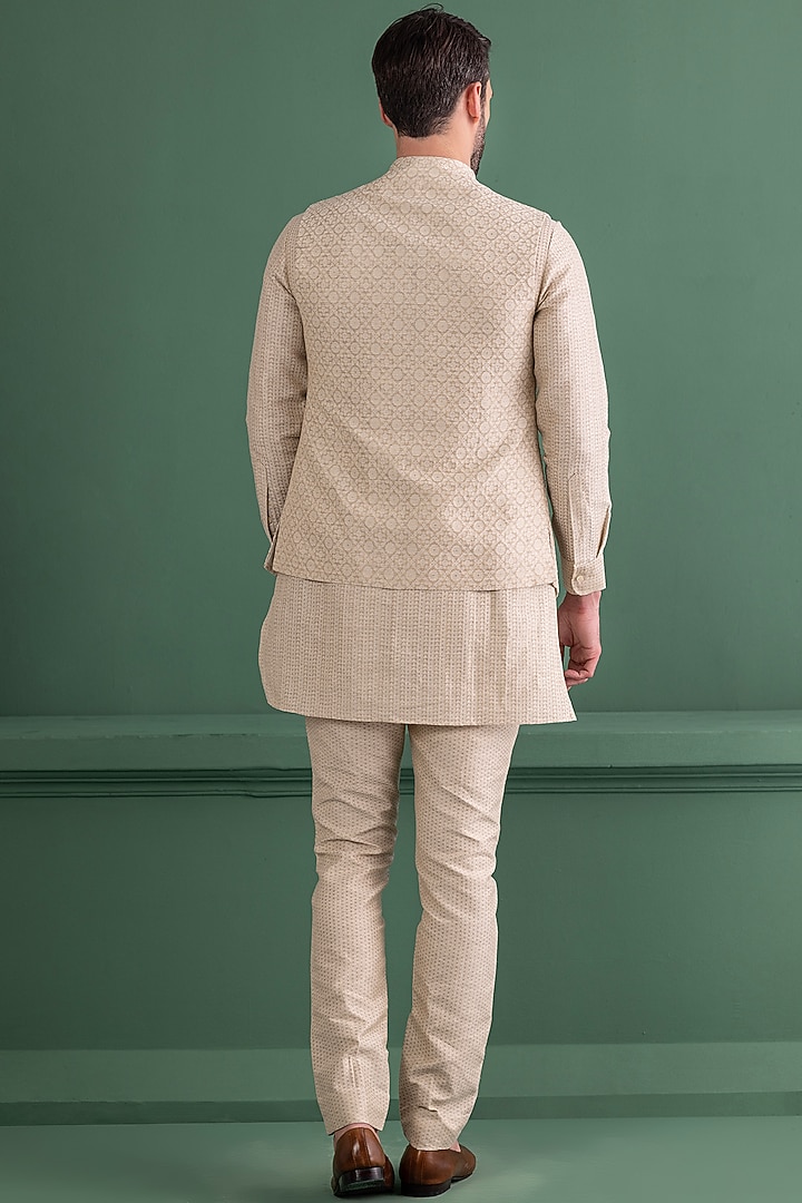 Fawn Silk Jacquard Embroidered Waist Coat Set by AMIT ARORA at Pernia's Pop Up Shop