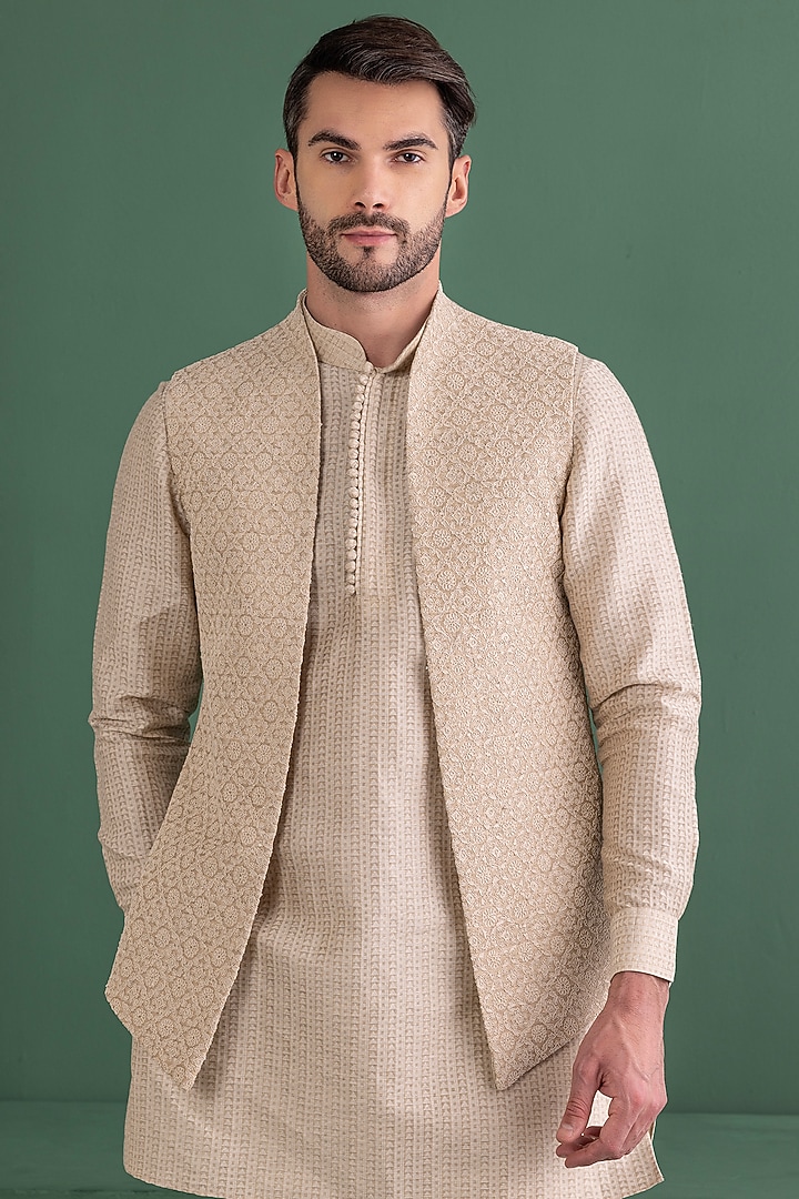 Fawn Silk Jacquard Embroidered Waist Coat Set by AMIT ARORA at Pernia's Pop Up Shop