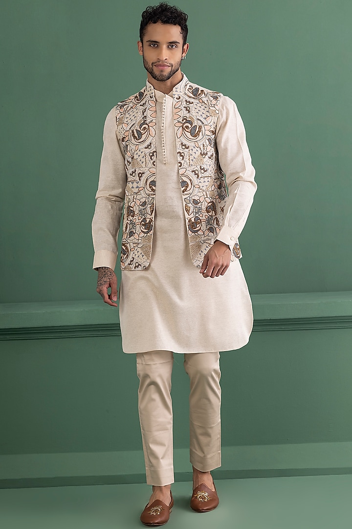 Cream Tussar Silk Embroidered Bundi Jacket Set by AMIT ARORA
