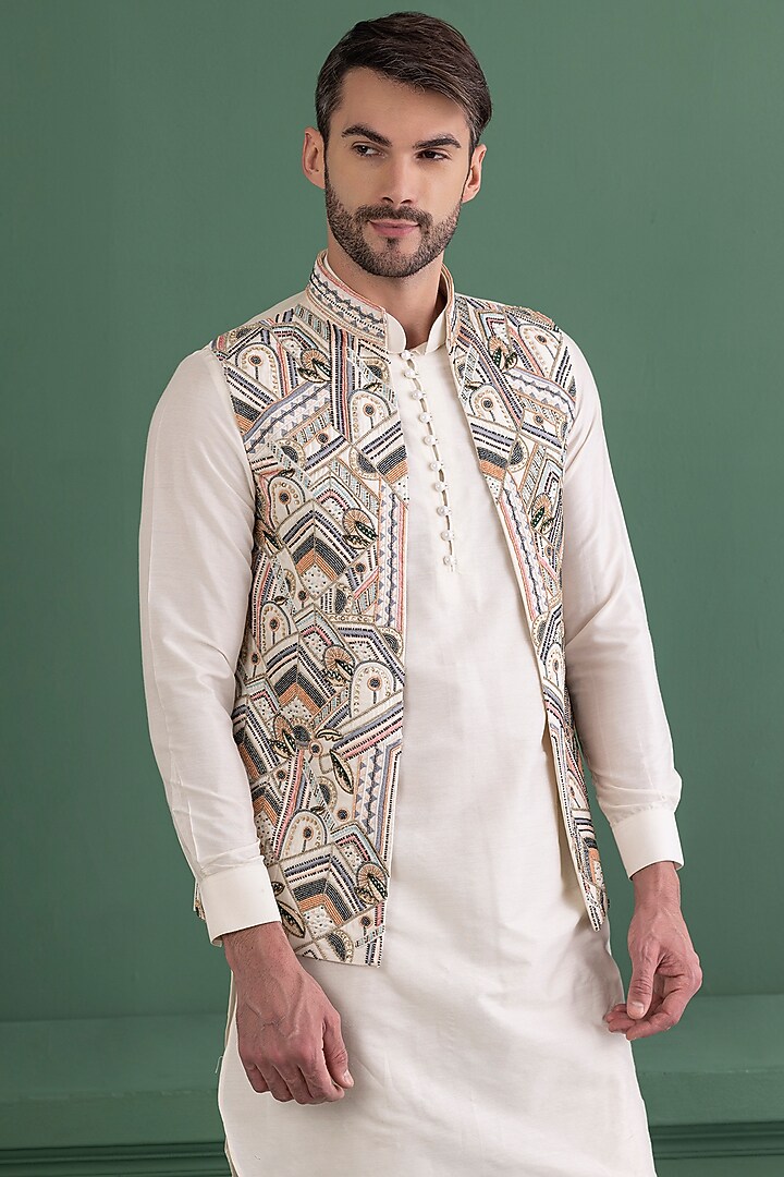Ivory Silk Embroidered Wedding Indowestern Set by AMIT ARORA at Pernia's Pop Up Shop