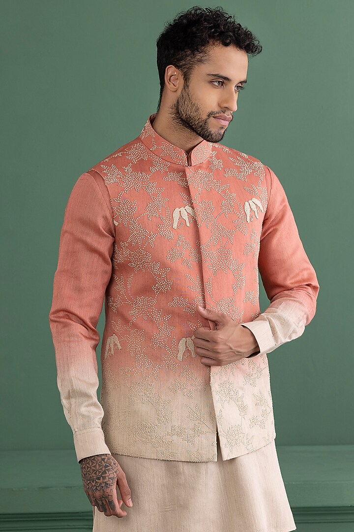 Pink Chanderi Silk Hand Embroidered Jacket Set by AMIT ARORA at Pernia's Pop Up Shop