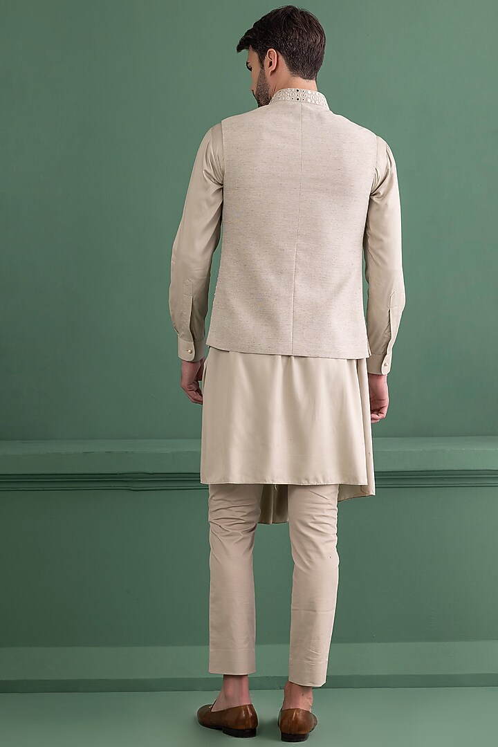 Light Olive Linen Silk Mirror Work Jacket Set by AMIT ARORA at Pernia's Pop Up Shop