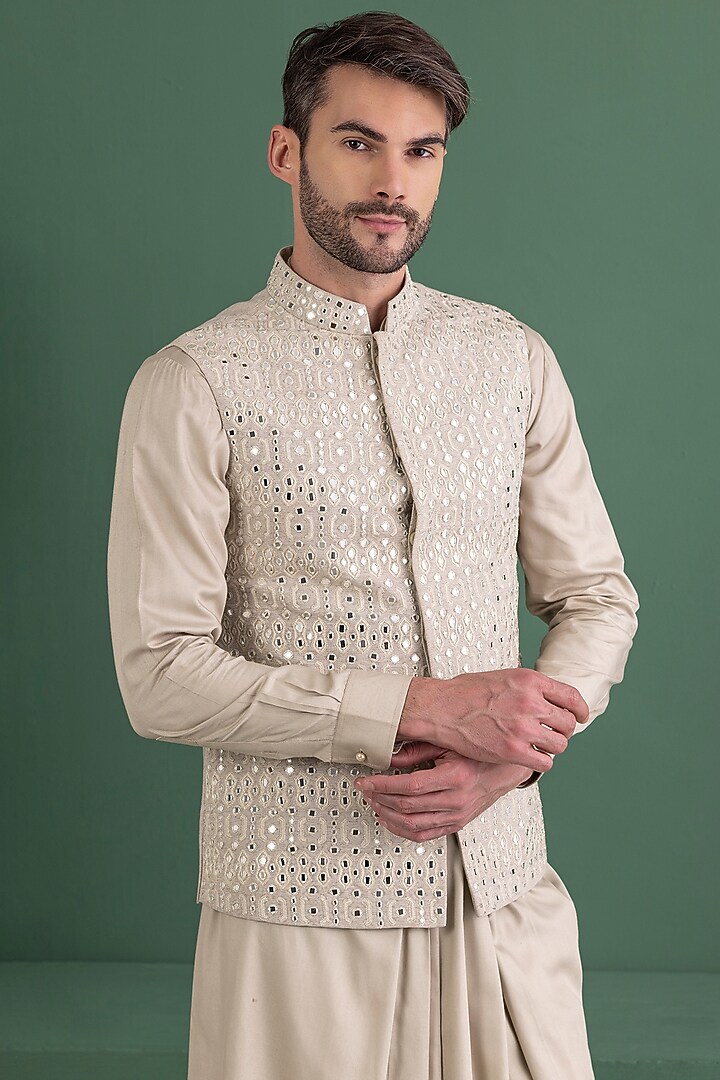 Light Olive Linen Silk Mirror Work Jacket Set by AMIT ARORA at Pernia's Pop Up Shop
