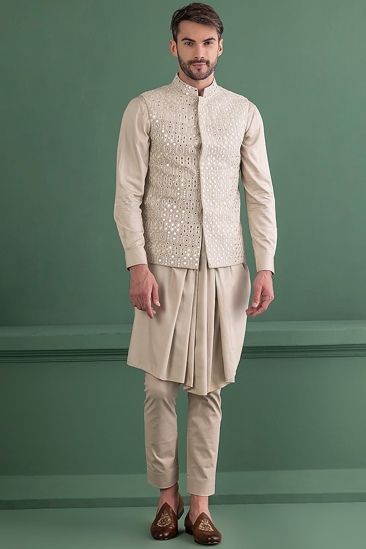 Light Olive Linen Silk Mirror Work Jacket Set by AMIT ARORA at Pernia's Pop Up Shop