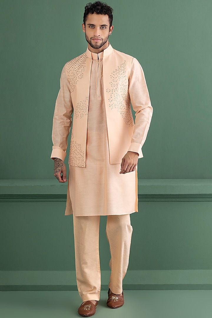 Peach Silk Chanderi Metal Work Indowestern Set by AMIT ARORA