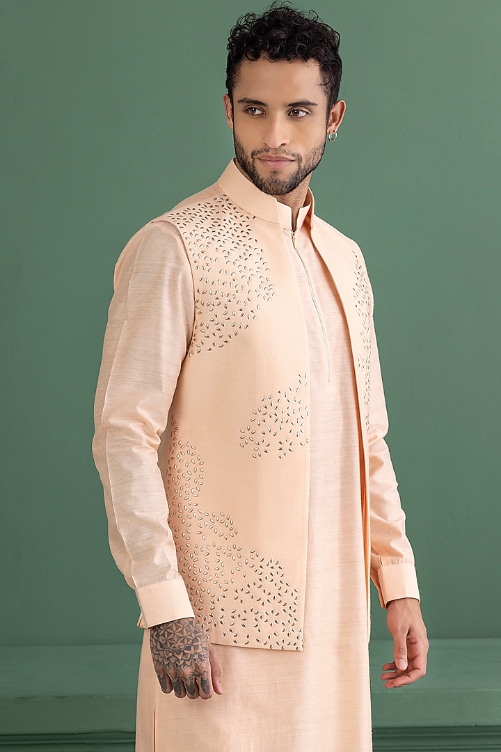 Peach Silk Chanderi Metal Work Wedding Indowestern Set by AMIT ARORA at Pernia's Pop Up Shop